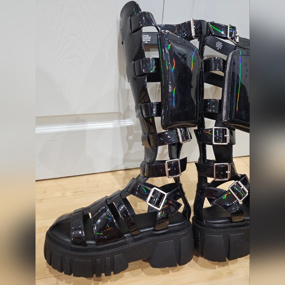 Dolls kill Holographic Oil slick black Club Exx Stage Diver Gladiator Sandals 9 - Picture 4 of 16